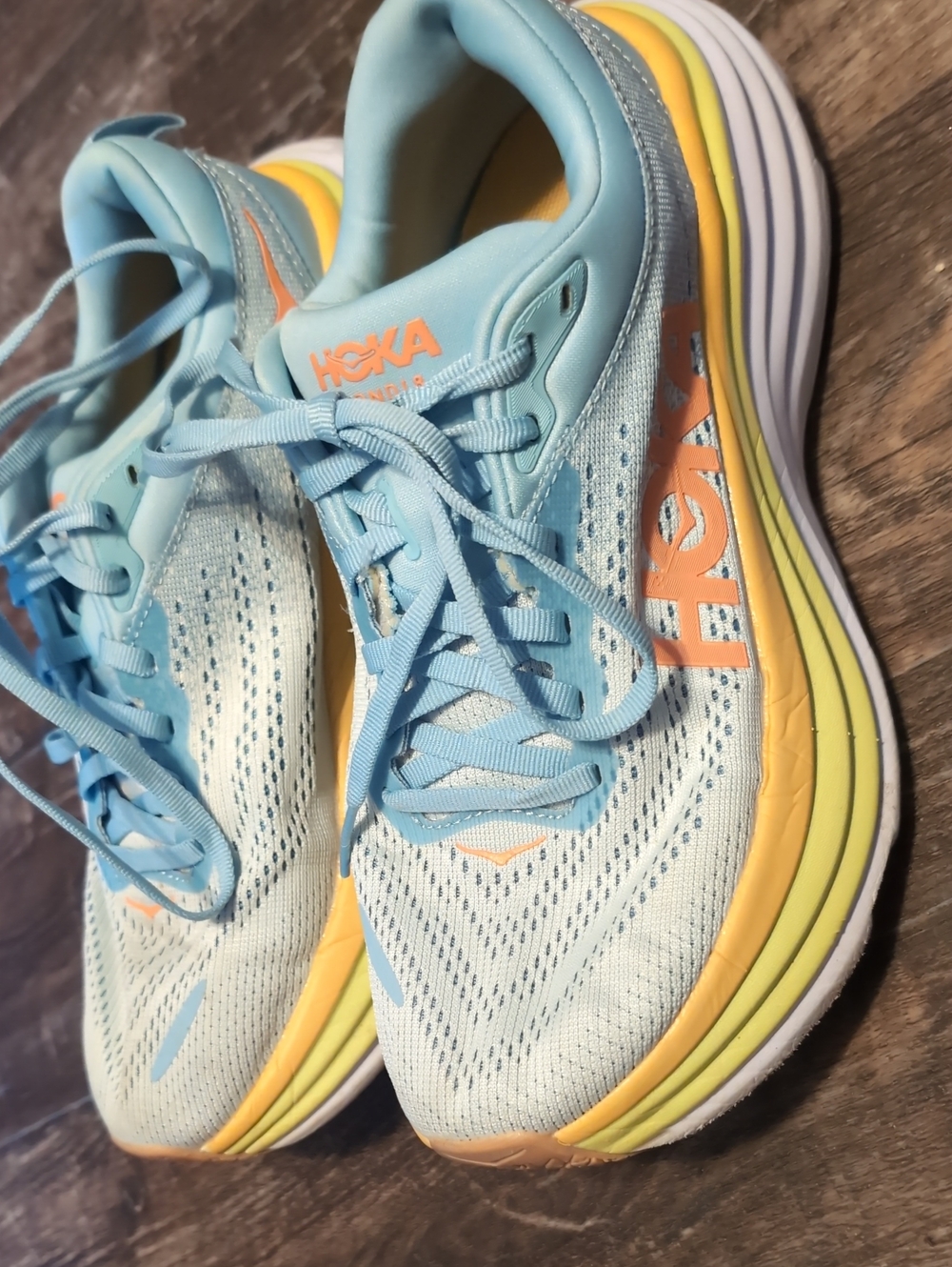 HOKA Bondi 8 Sz 7.5 B Women's Light Blue and Yellow Running Shoes - Picture 2 of 6